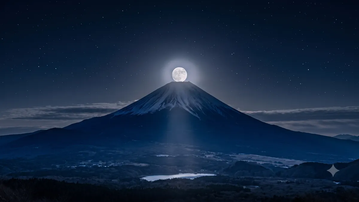 山頂に満月が重なるパール富士