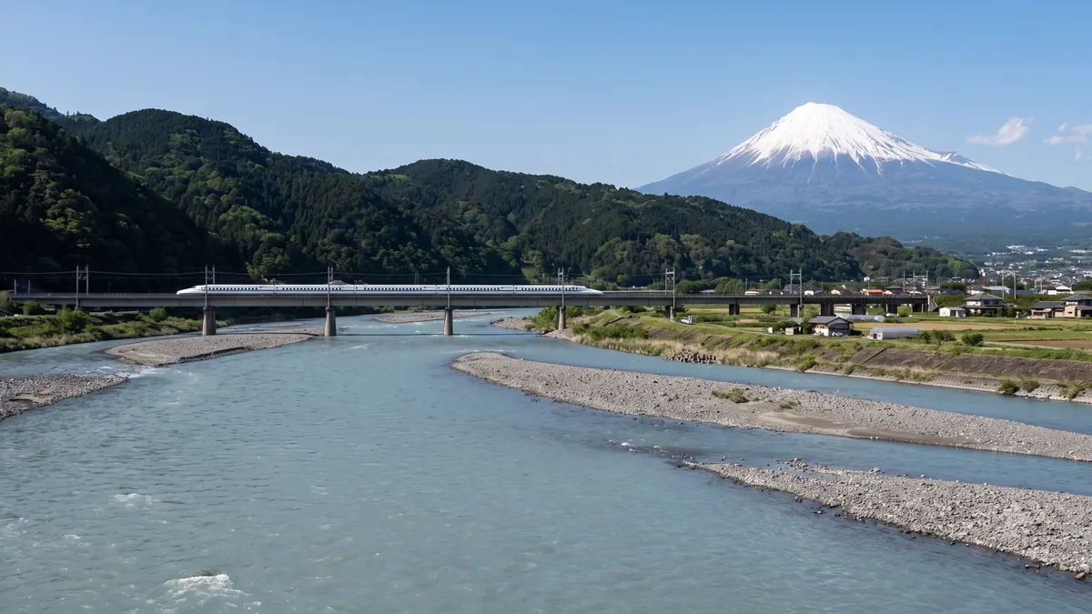 富士川の橋を渡る新幹線と、視界の開けた富士山