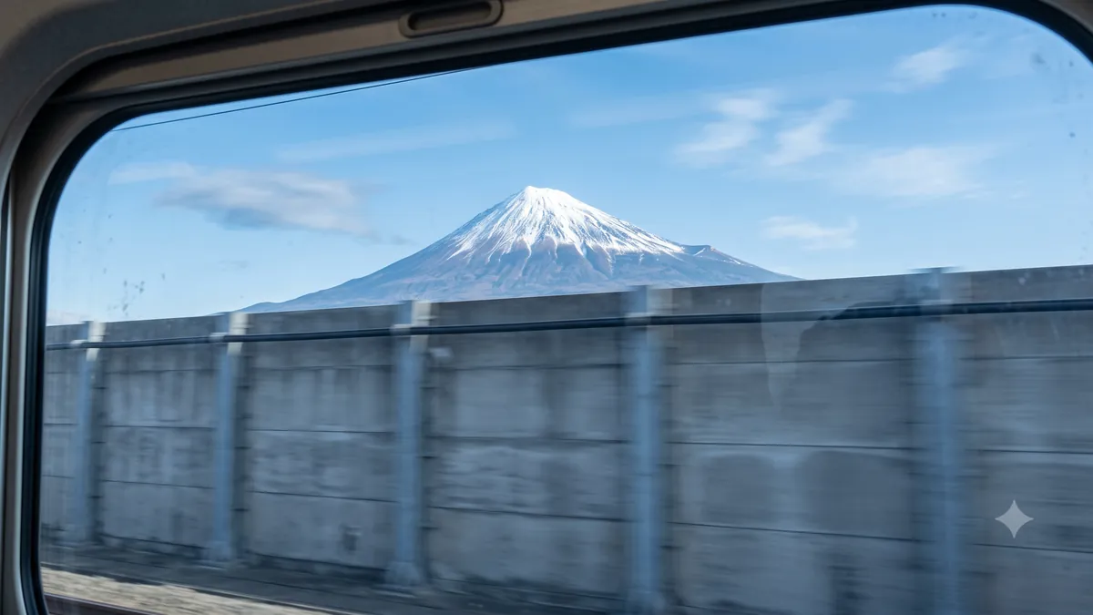 線路際の防音壁で裾野が隠れ、山頂だけが見えている車窓