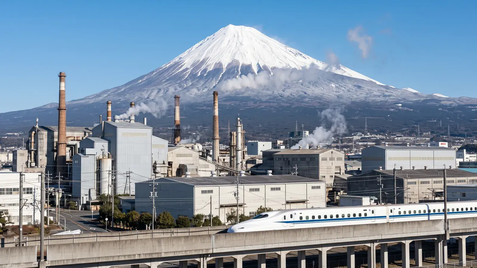 製紙工場の煙突の向こうに大きく見える富士山と、手前を走る新幹線