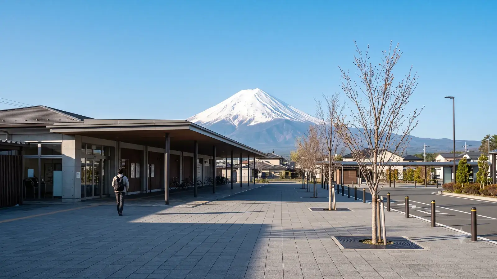 駅前の広場から見上げる富士山