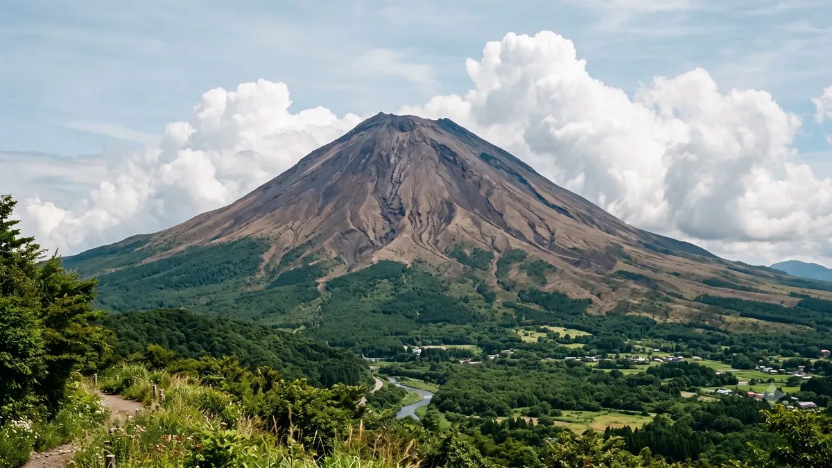 雪のない夏の富士山。黒い山肌があらわになっている