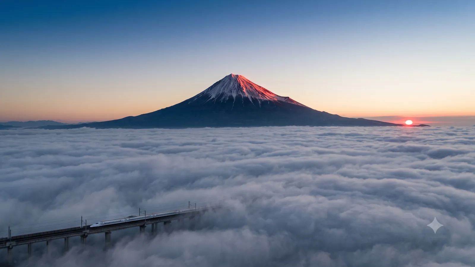雲海の上に姿を見せる富士山と、麓の高架を走る新幹線