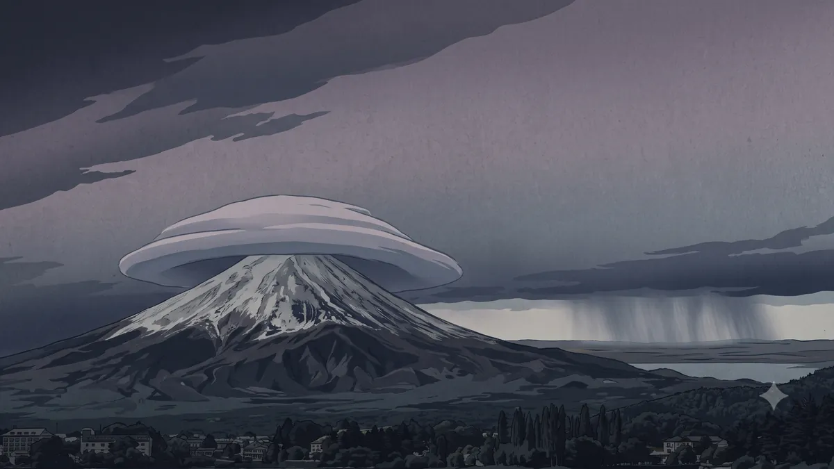 笠雲がかかり、雨が近づいている富士山