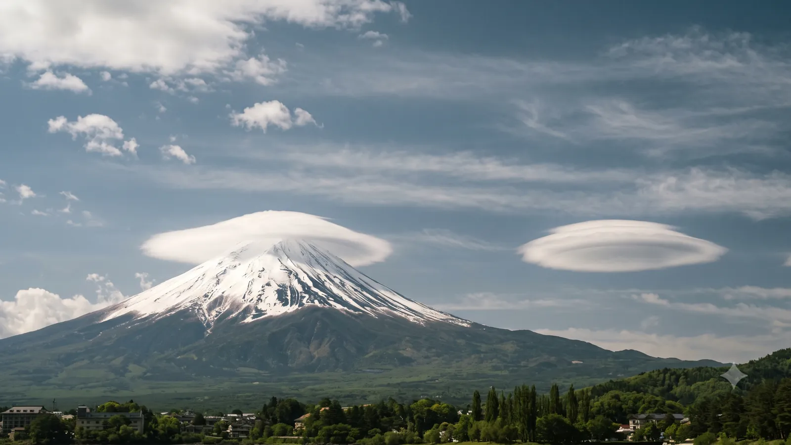 山頂にかかる笠雲と、風下に離れて浮かぶ吊るし雲