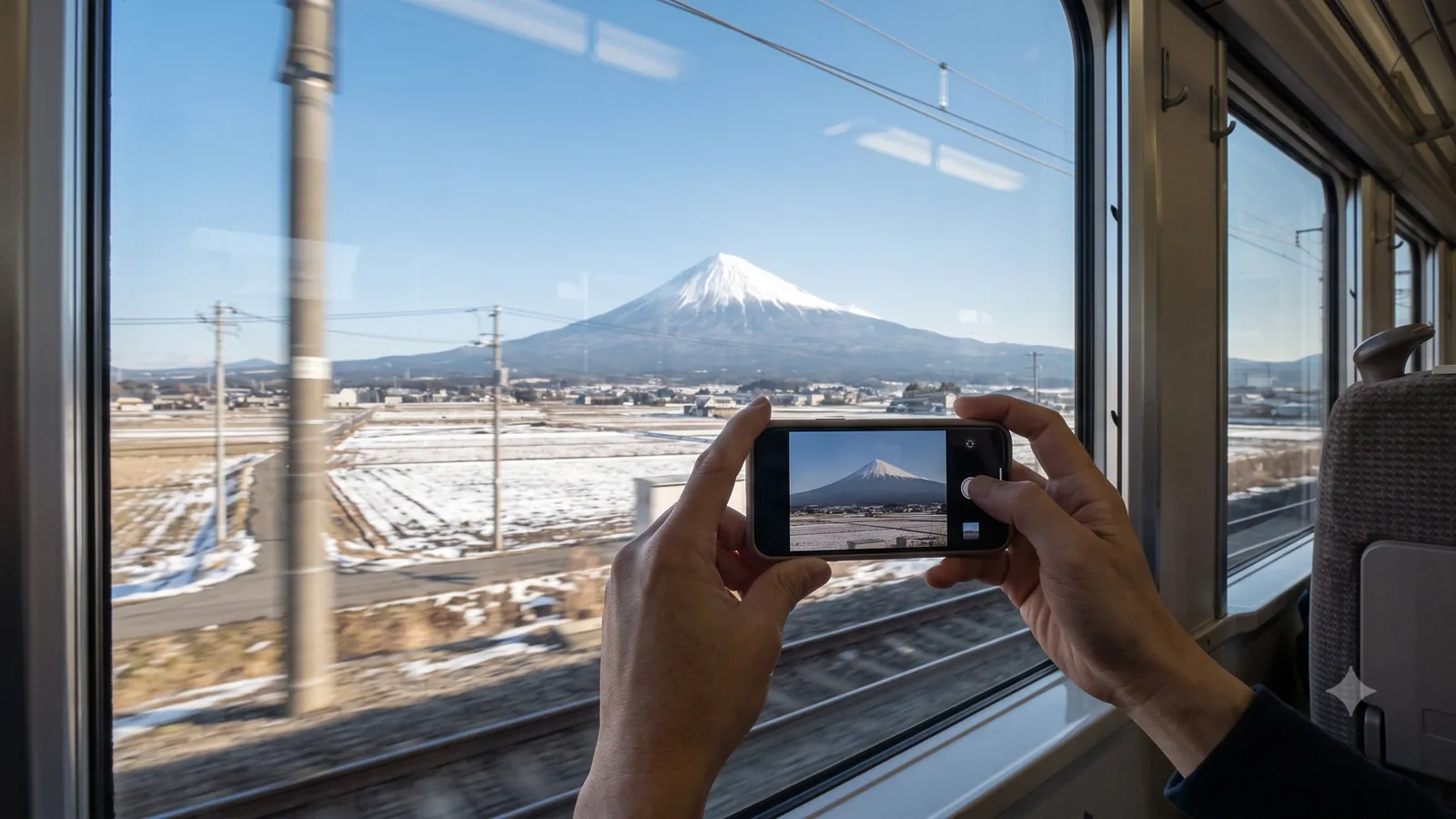 車窓にスマートフォンを構えて富士山を撮っているところ