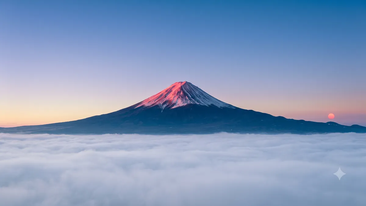 朝もやの上に姿を見せる早朝の富士山