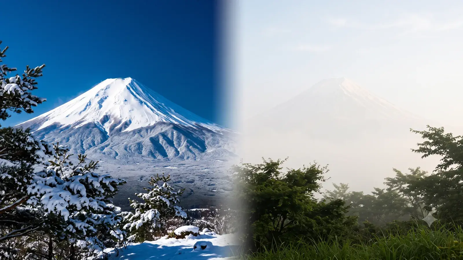 空気の澄んだ冬の富士山と、霞んで見えにくい夏の富士山の対比