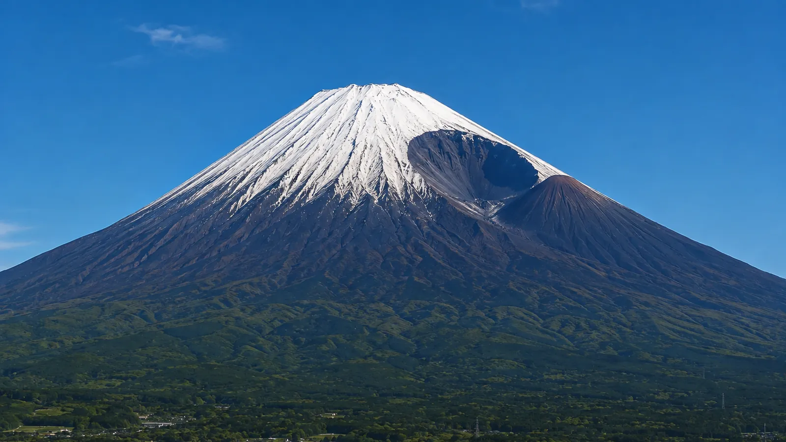 南側から見た富士山と、右斜面の中腹にえぐれた宝永火口