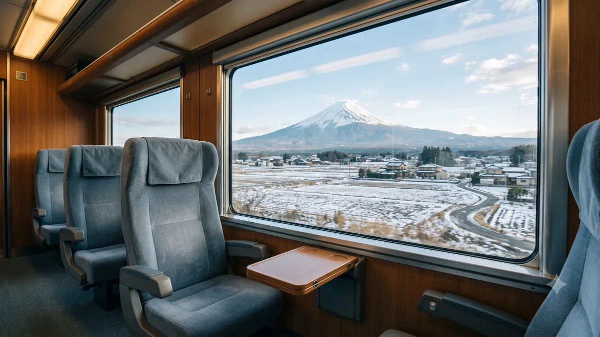 車内の座席から、窓越しに見える富士山