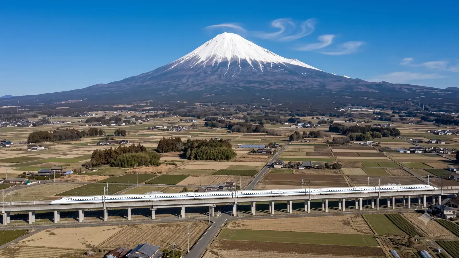 広い裾野を広げる富士山と、その南麓を走る東海道新幹線