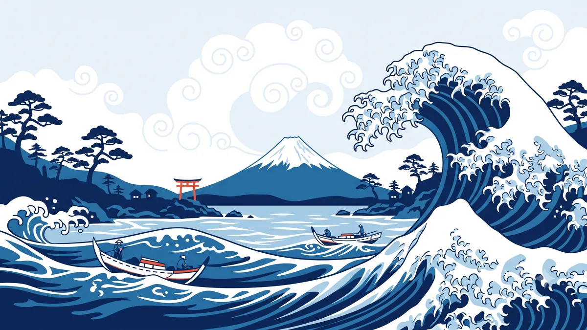 浮世絵の様式で描いた、大波の向こうの富士山