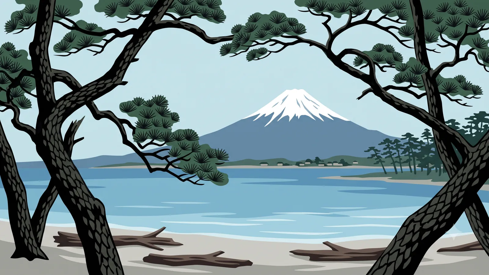 三保松原の松越しに、湾の向こうに見える富士山